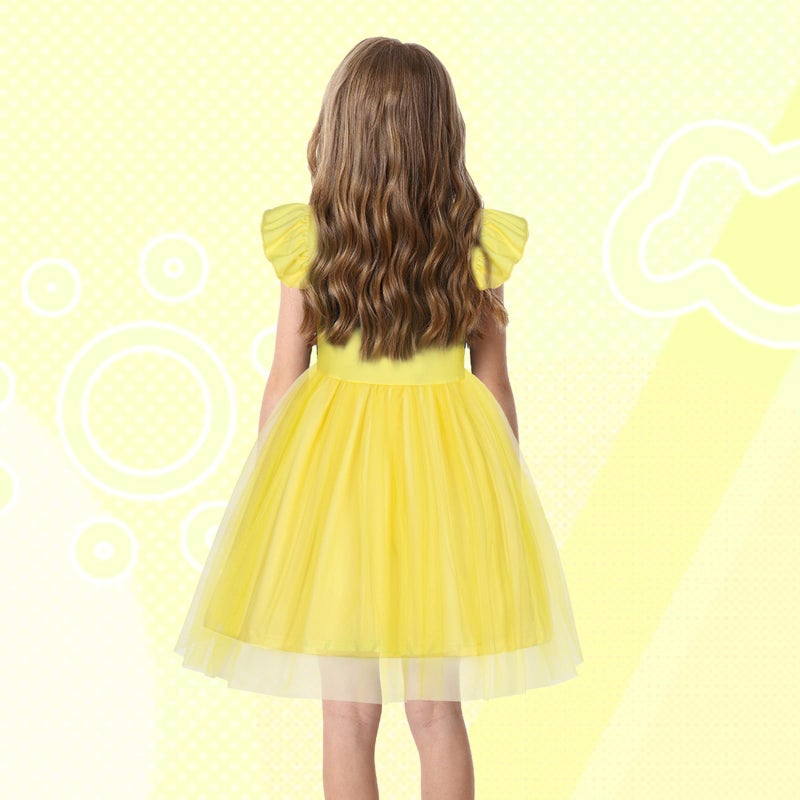 HenzWorld Dress up Clothes for Girls 4-6 Halloween Costumes for Girls Princess Dress up Fancy Party Cosplay Outfits Birthday Gifts Yellow Flutter Sleeve Tulle Dress Size 5-6X Princess Belle Dress - Image 3