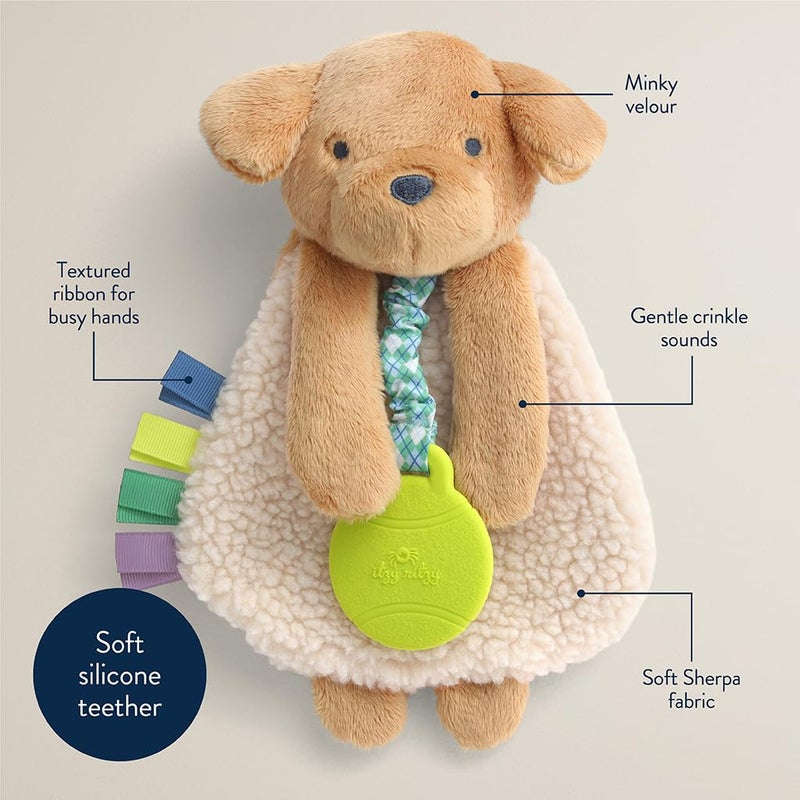 Itzy Ritzy - Itzy Lovey Including Teether - Baby Lovey with Teether, Textured Ribbons & Dangle Arms - Features Crinkle Sound, Sherpa Fabric and Minky Plush (Puppy) - Image 4