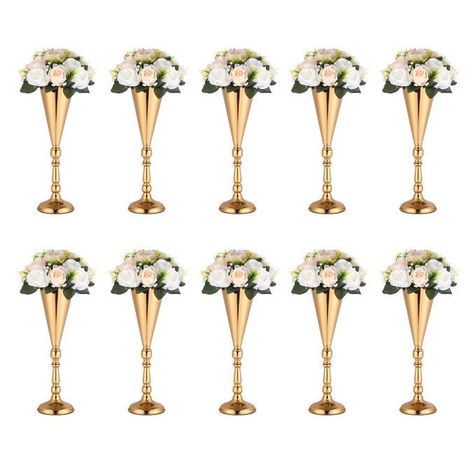 10 PCS GOLD VASE WEDDING CENTERPIECES FOR TABLES CENTERPIECE TABLE DECORATIONS METAL TALL ARTIFICIAL FLOWER VASES FOR WEDDING RECEPTION PARTY BIRTHDAY EVENT HOME DECOR