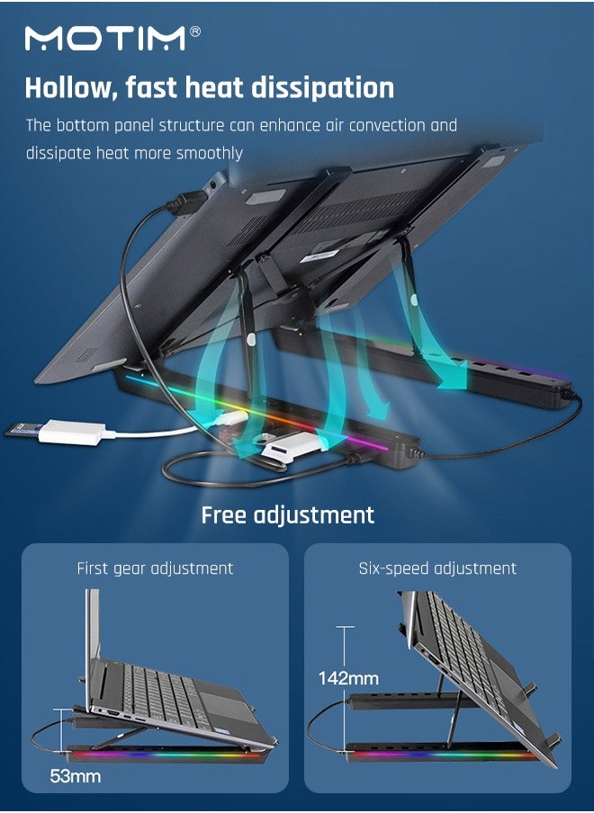 Motim - Adjustable Height RGB Laptop Stand with USB-A 3.0 and USB-C 2.0 Hub, Portable Desktop Computer Stand, Aluminium Alloy Laptop Riser Holder for MacBook,HP, Lenovo,Surface,Dell, ASUS - Image 1