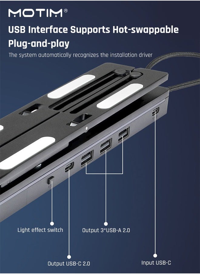Motim - Adjustable Height RGB Laptop Stand with USB-A 3.0 and USB-C 2.0 Hub, Portable Desktop Computer Stand, Aluminium Alloy Laptop Riser Holder for MacBook,HP, Lenovo,Surface,Dell, ASUS - Image 1