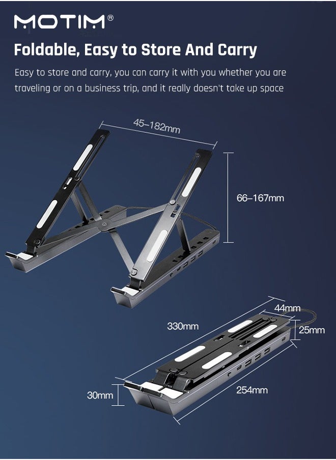 Motim - Adjustable Height RGB Laptop Stand with USB-A 3.0 and USB-C 2.0 Hub, Portable Desktop Computer Stand, Aluminium Alloy Laptop Riser Holder for MacBook,HP, Lenovo,Surface,Dell, ASUS - Image 1