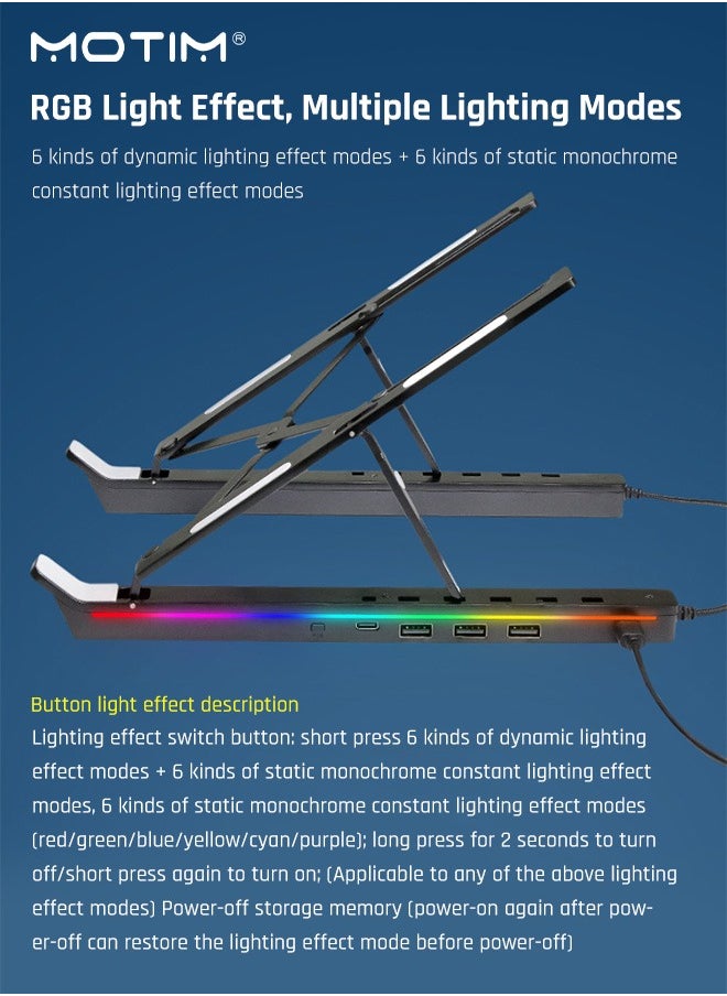 Motim - Adjustable Height RGB Laptop Stand with USB-A 3.0 and USB-C 2.0 Hub, Portable Desktop Computer Stand, Aluminium Alloy Laptop Riser Holder for MacBook,HP, Lenovo,Surface,Dell, ASUS - Image 1