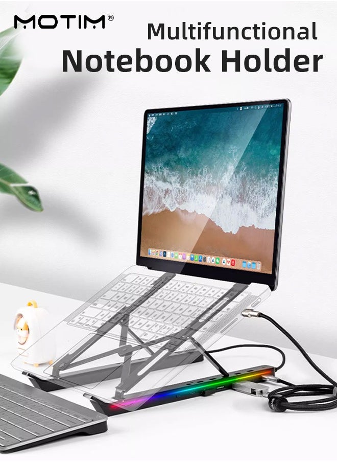 Motim - Adjustable Height RGB Laptop Stand with USB-A 3.0 and USB-C 2.0 Hub, Portable Desktop Computer Stand, Aluminium Alloy Laptop Riser Holder for MacBook,HP, Lenovo,Surface,Dell, ASUS - Image 1
