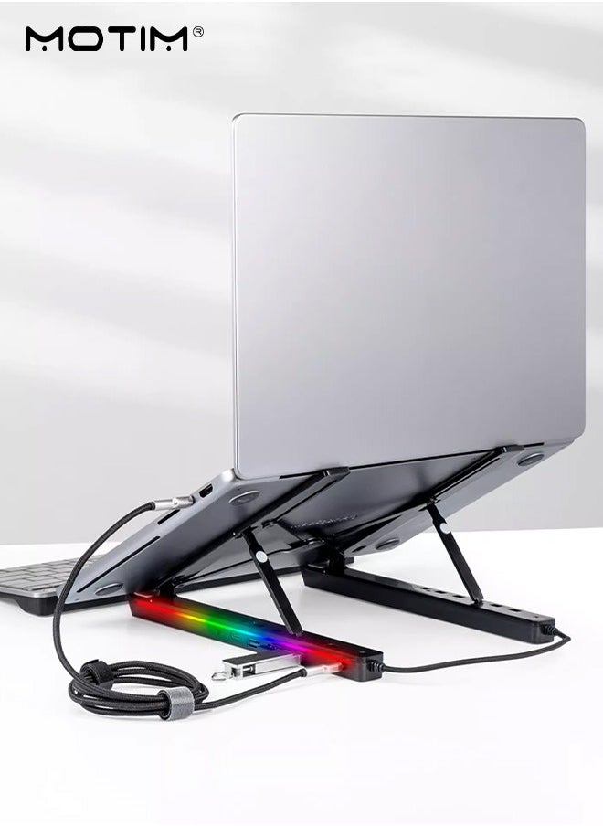 Motim - Adjustable Height RGB Laptop Stand with USB-A 3.0 and USB-C 2.0 Hub, Portable Desktop Computer Stand, Aluminium Alloy Laptop Riser Holder for MacBook,HP, Lenovo,Surface,Dell, ASUS - Image 1