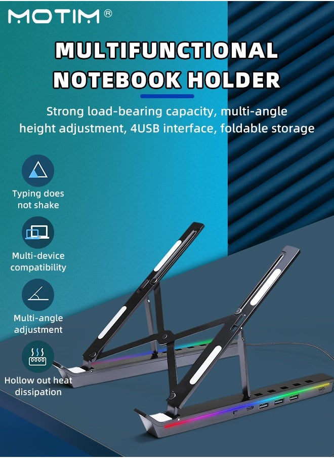 Motim - Adjustable Height RGB Laptop Stand with USB-A 3.0 and USB-C 2.0 Hub, Portable Desktop Computer Stand, Aluminium Alloy Laptop Riser Holder for MacBook,HP, Lenovo,Surface,Dell, ASUS - Image 1