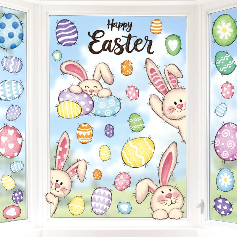 Traplace 37 PCS Easter Decor, 4 Sheets Easter Window Clings, 9.84 x 13.78 Inch Spring Decorations with Bunnies Eggs Designs, Double-Sided Bunny Stickers for Window Glass Home Office Spring Party Decor - Image 2