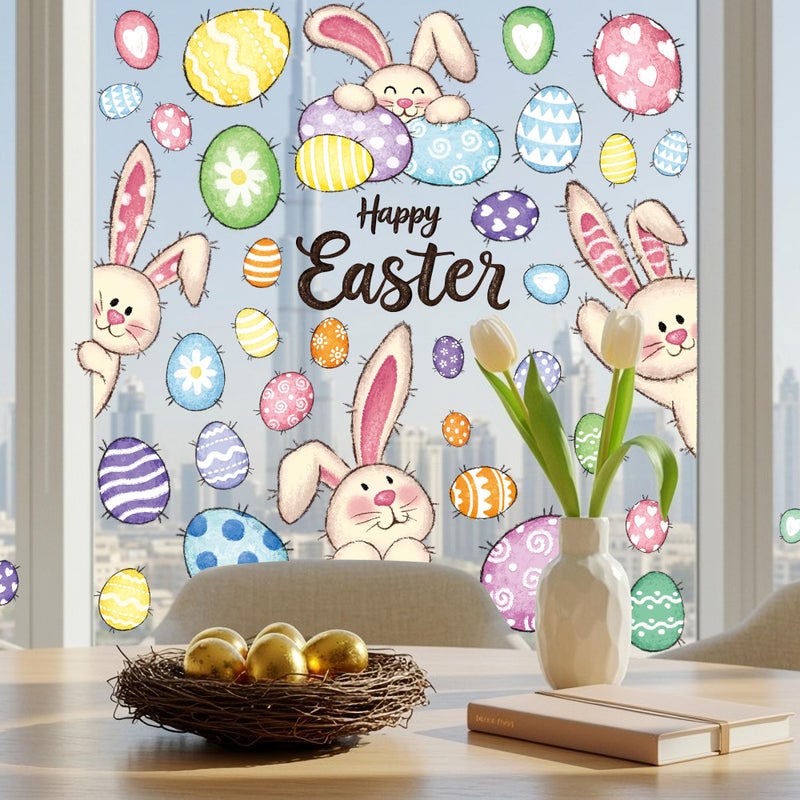 Traplace 37 PCS Easter Decor, 4 Sheets Easter Window Clings, 9.84 x 13.78 Inch Spring Decorations with Bunnies Eggs Designs, Double-Sided Bunny Stickers for Window Glass Home Office Spring Party Decor - Image 1