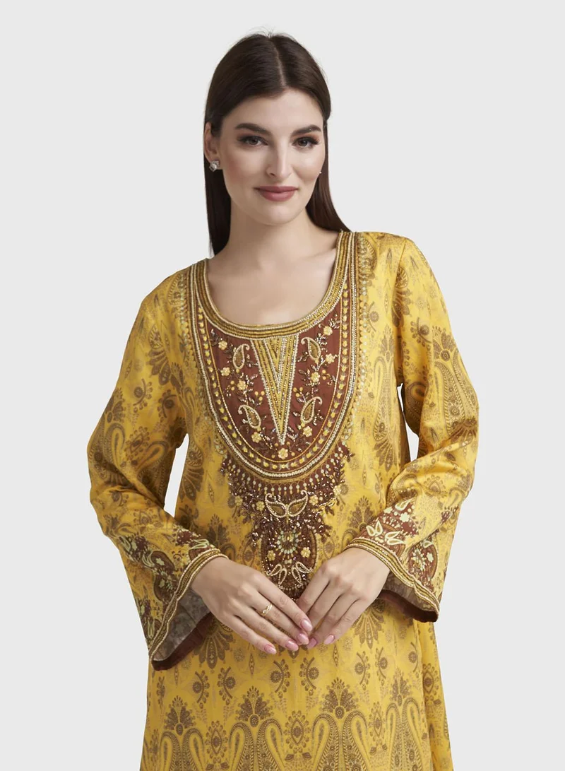 KASHKHA Light Beige Georgette Abstract Print Dress (VDK340)