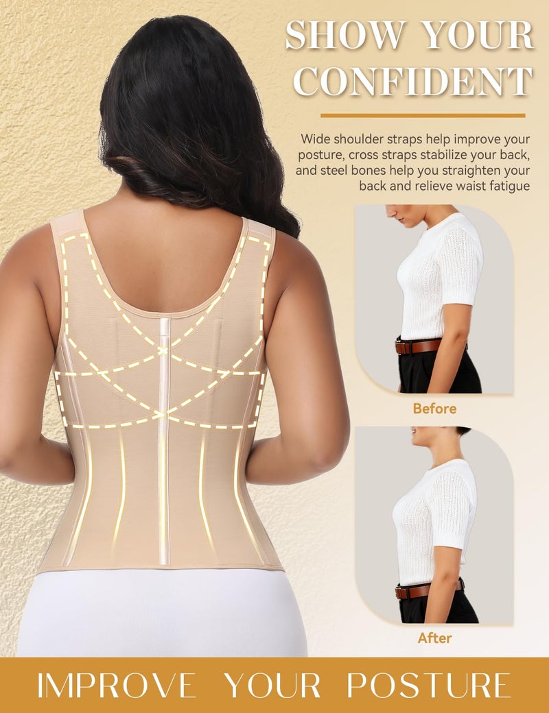 SHAPSHE Waist Trainer Corset for Women Tummy Control Workout Sport Girdle Hourglass Cincher Body Shaper Postpartum with Bra Tan - Image 4