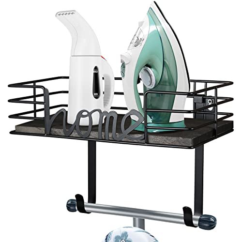TJMOREE Ironing Board Hanger Wall Mount Laundry Room Decor Iron and Ironing Board Holder Laundry Room Organization and Storage with Large Storage Dark Gray Wooden Base Basket and Removable Hooks