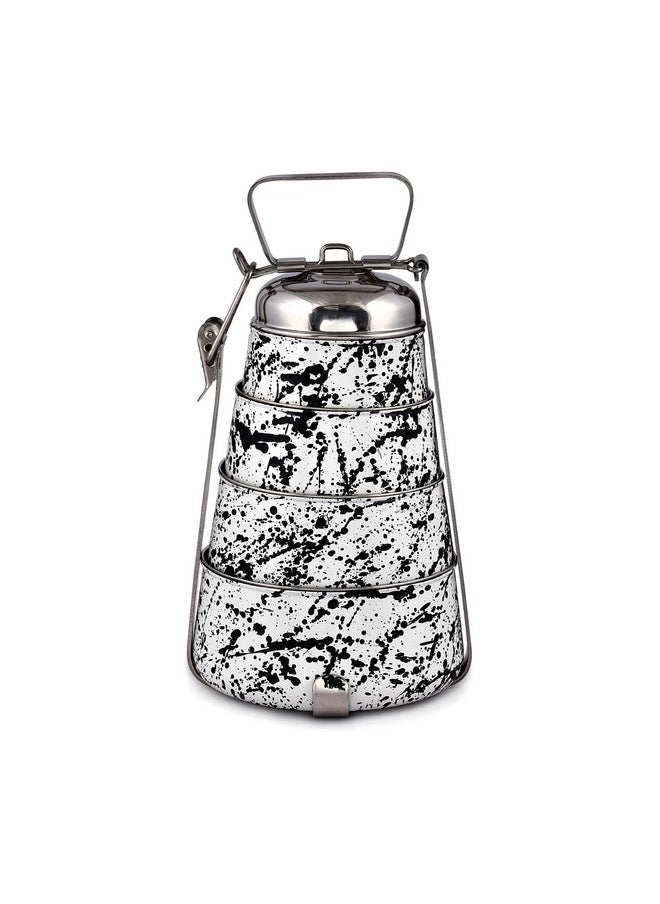 Elan - Elan Stainless Steel Lunch Box with Handle Tiffin with Lid and Handle | 4 Compartment Traditional Tiffin Box | Easy to Carry| Leak Proof | Locking Clip | School and Office Use (1470ml, Black & White) - Image 1