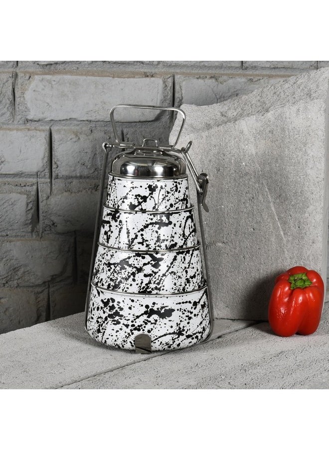 Elan - Elan Stainless Steel Lunch Box with Handle Tiffin with Lid and Handle | 4 Compartment Traditional Tiffin Box | Easy to Carry| Leak Proof | Locking Clip | School and Office Use (1470ml, Black & White) - Image 1