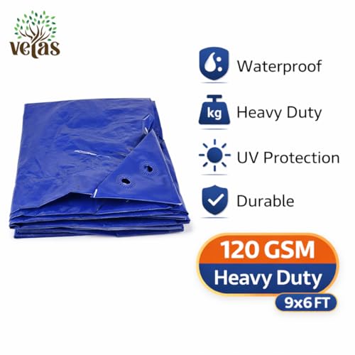 VETAS Waterproof Tarpaulin Sheet 9 x 6 Ft | 120 GSM Blue UV Resistant Tirpal/Tadpatri | Heavy Duty, Tear-Proof, Reusable Cover with Eyelets for Roof, Outdoor, Camping & Vehicle Use - Image 2