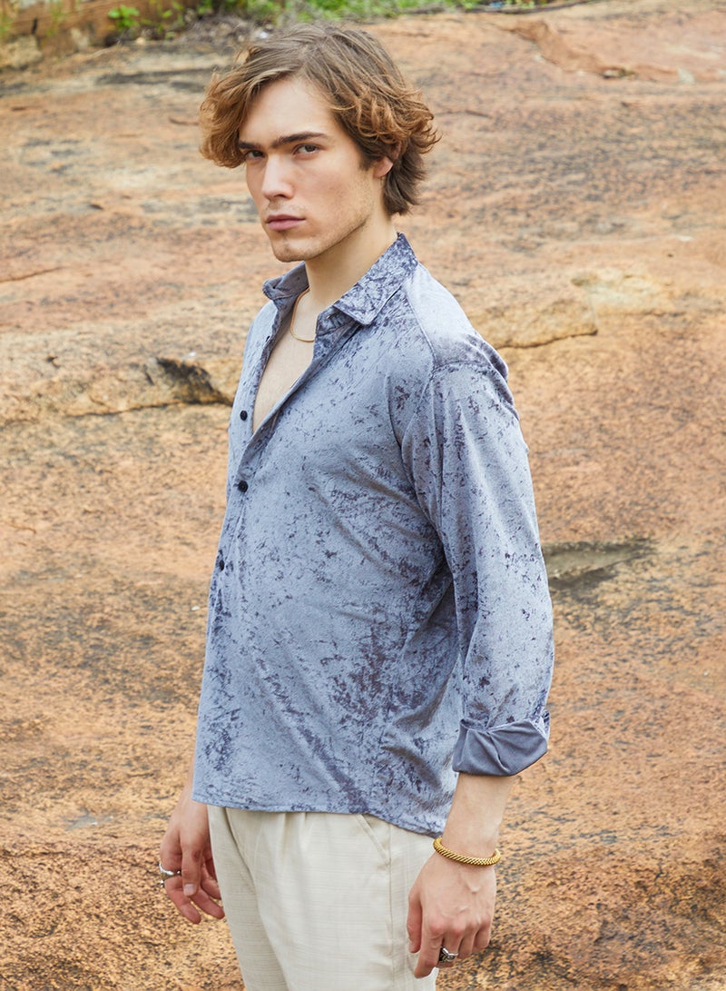 Campus Sutra Men's Moon Grey Solid Velvet Shirt - Image 3