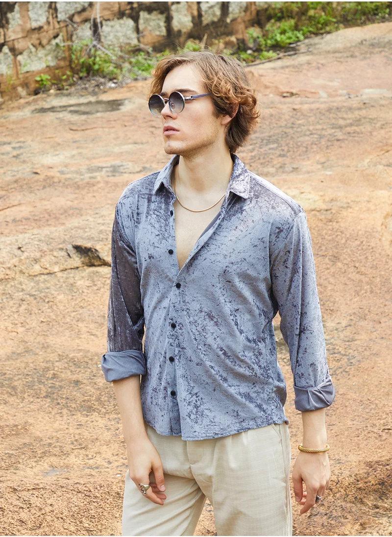 Campus Sutra Men's Moon Grey Solid Velvet Shirt
