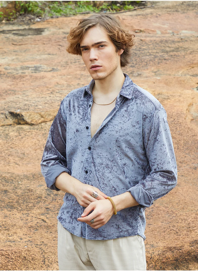 Campus Sutra Men's Moon Grey Solid Velvet Shirt