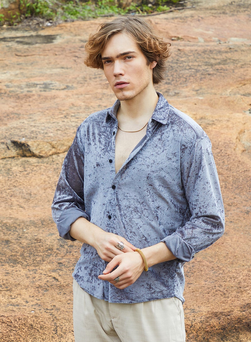 Campus Sutra Men's Moon Grey Solid Velvet Shirt - Image 2