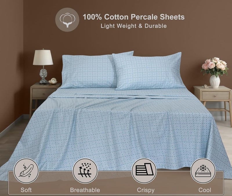 ZOYER 100% Cotton Sheets - Cooling & Crisp Full Size Percale Bed Sheets, 16" Deep Pockets Full Bedding Set, Lightweight & Breathable, Durable, 4 Pieces, Teal Geo - Image 3