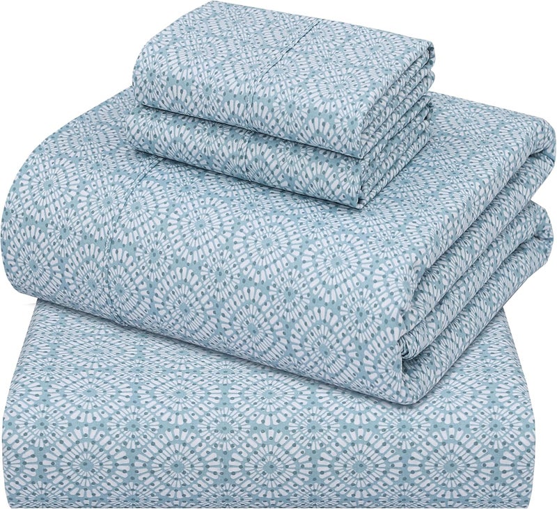 ZOYER 100% Cotton Sheets - Cooling & Crisp Full Size Percale Bed Sheets, 16" Deep Pockets Full Bedding Set, Lightweight & Breathable, Durable, 4 Pieces, Teal Geo - Image 1