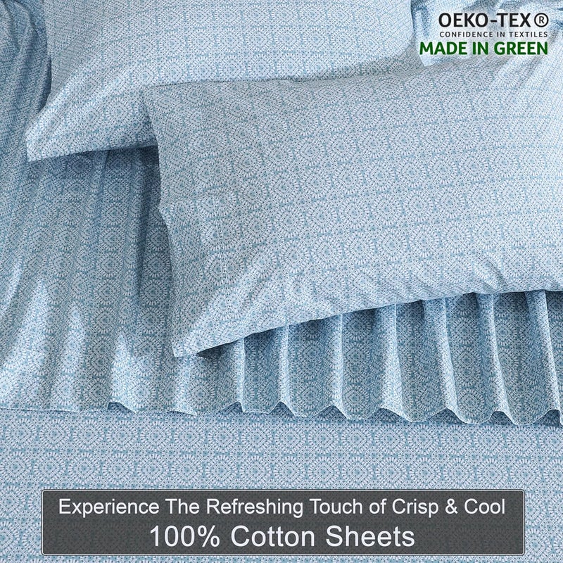 ZOYER 100% Cotton Sheets - Cooling & Crisp Full Size Percale Bed Sheets, 16" Deep Pockets Full Bedding Set, Lightweight & Breathable, Durable, 4 Pieces, Teal Geo - Image 4