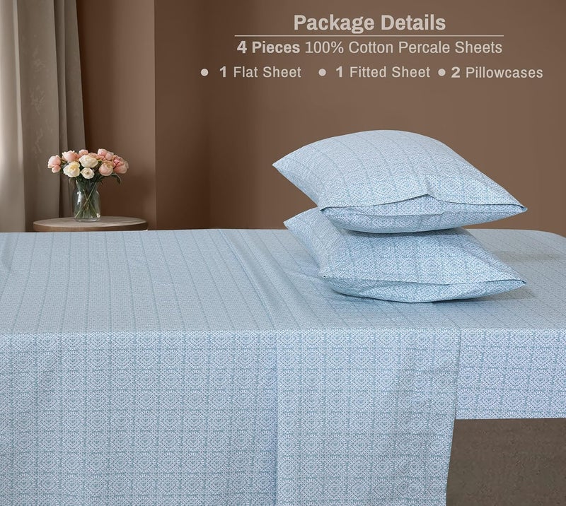 ZOYER 100% Cotton Sheets - Cooling & Crisp Full Size Percale Bed Sheets, 16" Deep Pockets Full Bedding Set, Lightweight & Breathable, Durable, 4 Pieces, Teal Geo - Image 5