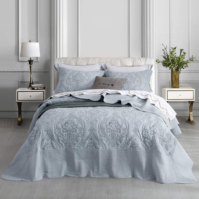 CHIXIN Bedspread Coverlet Set Queen Size Lightweight Bedding Cover Beautiful Stitching 5 Piece Reversible Bedspread Gorgeous Damask Paisley Pattern Queen Light Grey