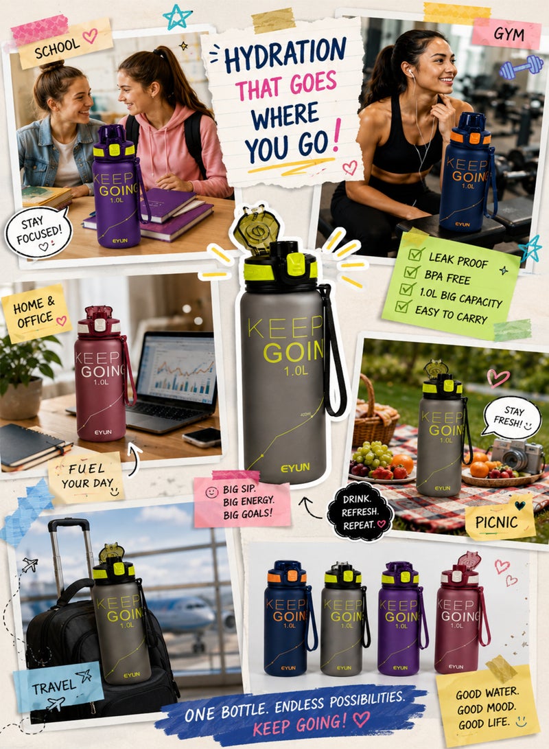 EYUN زجاجة مياه إيون سعة 1000 مل خالية من مادة BPA، مزودة بمقياس لمستوى الماء، زجاجة رياضية مانعة للتسرب بغطاء قلاب وحزام حمل، زجاجة ترطيب قابلة لإعادة الاستخدام سعة 1 لتر مناسبة للصالة الرياضية والمدرسة والمكتب والسفر والأنشطة الخارجية - Image 5