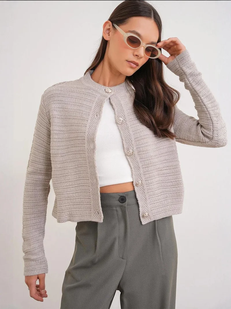 MixRay Mixray Ribbed Knit Crop Cardigan with Button Closure
