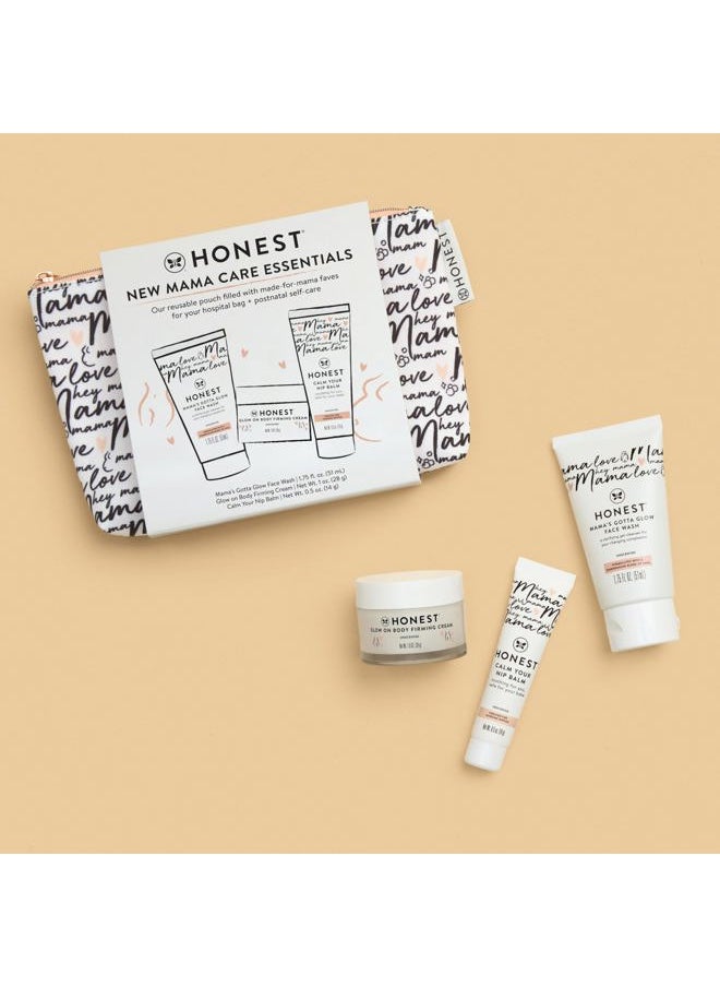 The Honest Company - New Mama Care Essentials Gift Set | Hospital Bag Must Haves | Travel Size Nip Balm (0.5 oz), Glow On Body Cream (1 oz), Gotta Glow Face Wash (1.75 fl oz), Reusable Pouch - Image 1