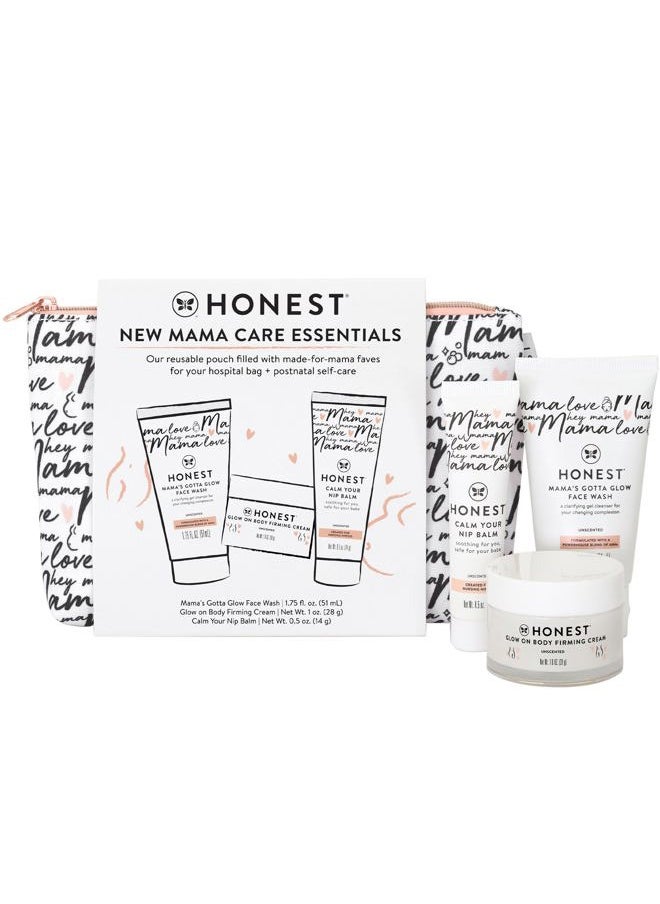 The Honest Company - New Mama Care Essentials Gift Set | Hospital Bag Must Haves | Travel Size Nip Balm (0.5 oz), Glow On Body Cream (1 oz), Gotta Glow Face Wash (1.75 fl oz), Reusable Pouch - Image 1