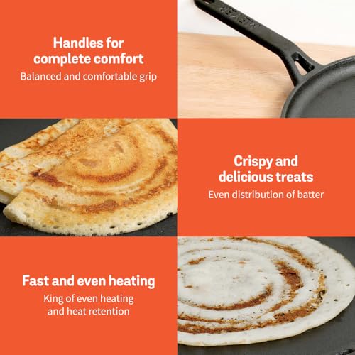 Meyer Pre-Seasoned Cast Iron Flat Dosa/Roti/Chapati Tawa Pan with Stick Handle, Dosa Kallu, Iron Tawa Small Size, Gas and Induction Compatible | 24cm, Black - Image 5
