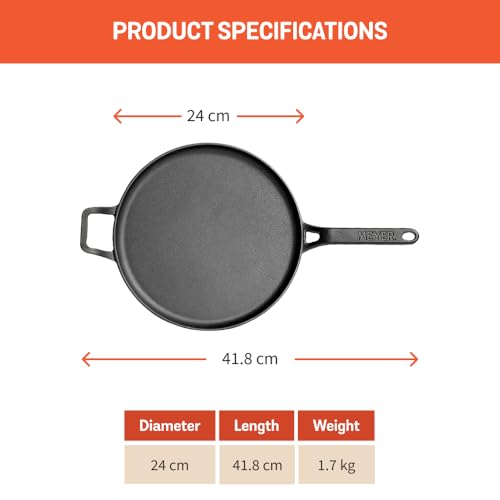 Meyer Pre-Seasoned Cast Iron Flat Dosa/Roti/Chapati Tawa Pan with Stick Handle, Dosa Kallu, Iron Tawa Small Size, Gas and Induction Compatible | 24cm, Black - Image 4
