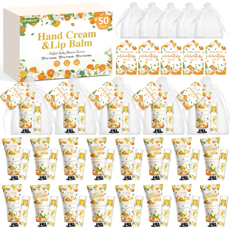 KONEUK 50 Pack Bulk Hand Cream and Bulk Lip Balm Gifts Sets Bridal Shower Favors and Baby Shower Favors for Guests with Thank You Card and Organza Gift Bags Appreciation Gifts Baby Shower Prizes Orange - Image 2