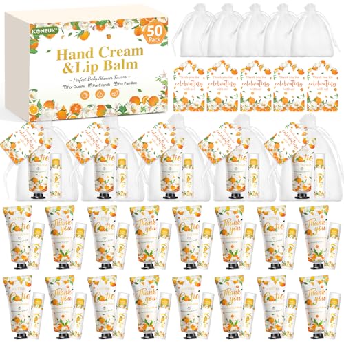 KONEUK 50 Pack Bulk Hand Cream and Bulk Lip Balm Gifts Sets Bridal Shower Favors and Baby Shower Favors for Guests with Thank You Card and Organza Gift Bags Appreciation Gifts Baby Shower Prizes Orange - Image 1