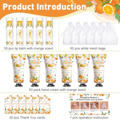 KONEUK 50 Pack Bulk Hand Cream and Bulk Lip Balm Gifts Sets Bridal Shower Favors and Baby Shower Favors for Guests with Thank You Card and Organza Gift Bags Appreciation Gifts Baby Shower Prizes Orange - Image 3