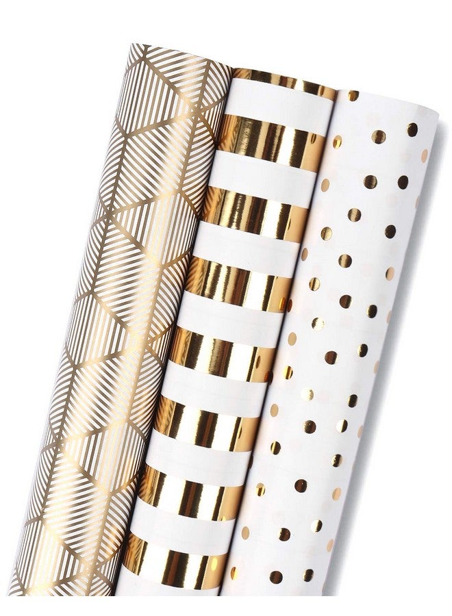 MAYPLUSS Birthday Wrapping Paper Roll - Mini Roll - 17 inch x 120 inch Per roll - White & Gold Foil Design (42.3 sq.ft.ttl) - Image 1