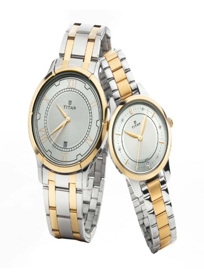 TITAN ساعة تيتان بندهان التناظرية بقرص دائري فضي وحزام مزدوج اللون للأزواج