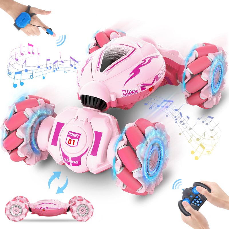Fosgoit Pink RC Car Toys for Girls Aged 6-12, Gesture Sensing RC Stunt Cars with Lights Music for Girl Birthday Xmas Gifts, 2.4GHz 4WD Pink Remote Control Toy Double-Side Flip 360Â° All-Round Rotation - Image 1
