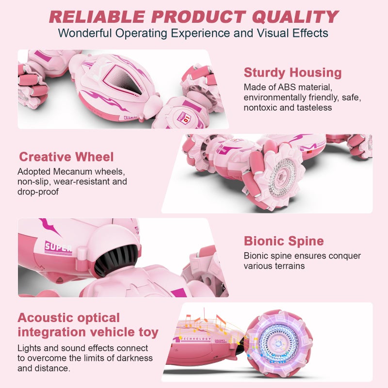 Fosgoit Pink RC Car Toys for Girls Aged 6-12, Gesture Sensing RC Stunt Cars with Lights Music for Girl Birthday Xmas Gifts, 2.4GHz 4WD Pink Remote Control Toy Double-Side Flip 360Â° All-Round Rotation - Image 3