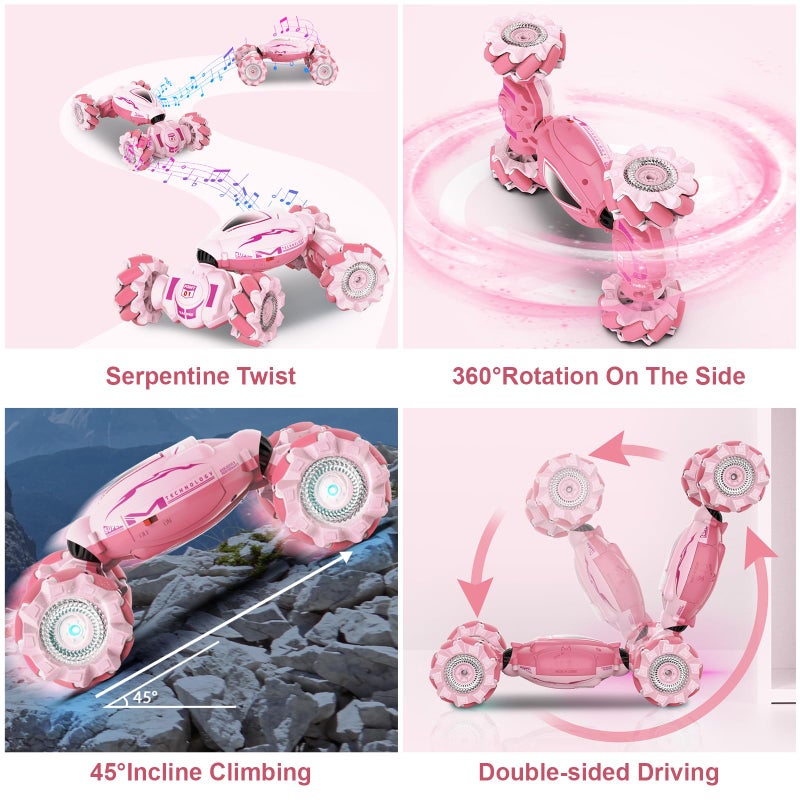 Fosgoit Pink RC Car Toys for Girls Aged 6-12, Gesture Sensing RC Stunt Cars with Lights Music for Girl Birthday Xmas Gifts, 2.4GHz 4WD Pink Remote Control Toy Double-Side Flip 360Â° All-Round Rotation - Image 5