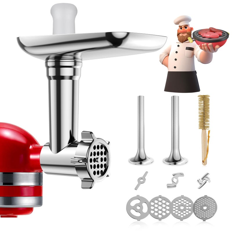 GuanQiao ملحقات مطحنة الطعام المعدنية لخلاطات كيتشن إيد، مطحنة اللحم، محشي السجق، ملحق مثالي لخلاطات كيتشن إيد، مجموعة ملحقات مطحنة اللحم 15 قطعة، فضي