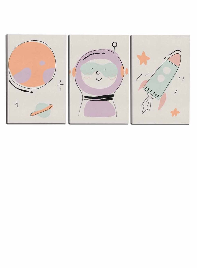 لوحة طقم من ٣ لوحات كانفاس على إطار خشبي، تصميم رائد فضاء ونجوم للأطفال، للمنزل، غرفة المعيشة، المكتب، الديكور - Image 4