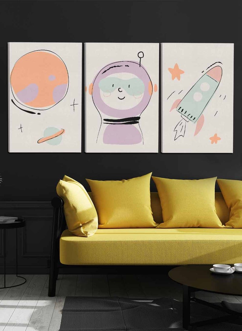لوحة طقم من ٣ لوحات كانفاس على إطار خشبي، تصميم رائد فضاء ونجوم للأطفال، للمنزل، غرفة المعيشة، المكتب، الديكور - Image 3