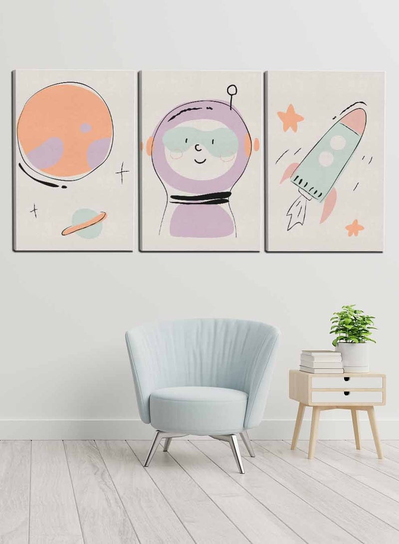 لوحة طقم من ٣ لوحات كانفاس على إطار خشبي، تصميم رائد فضاء ونجوم للأطفال، للمنزل، غرفة المعيشة، المكتب، الديكور - Image 2