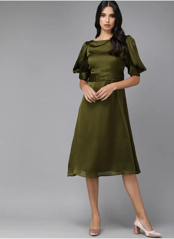 Mish Boat Neck Chiffon Midi Dress with Puff Sleeve