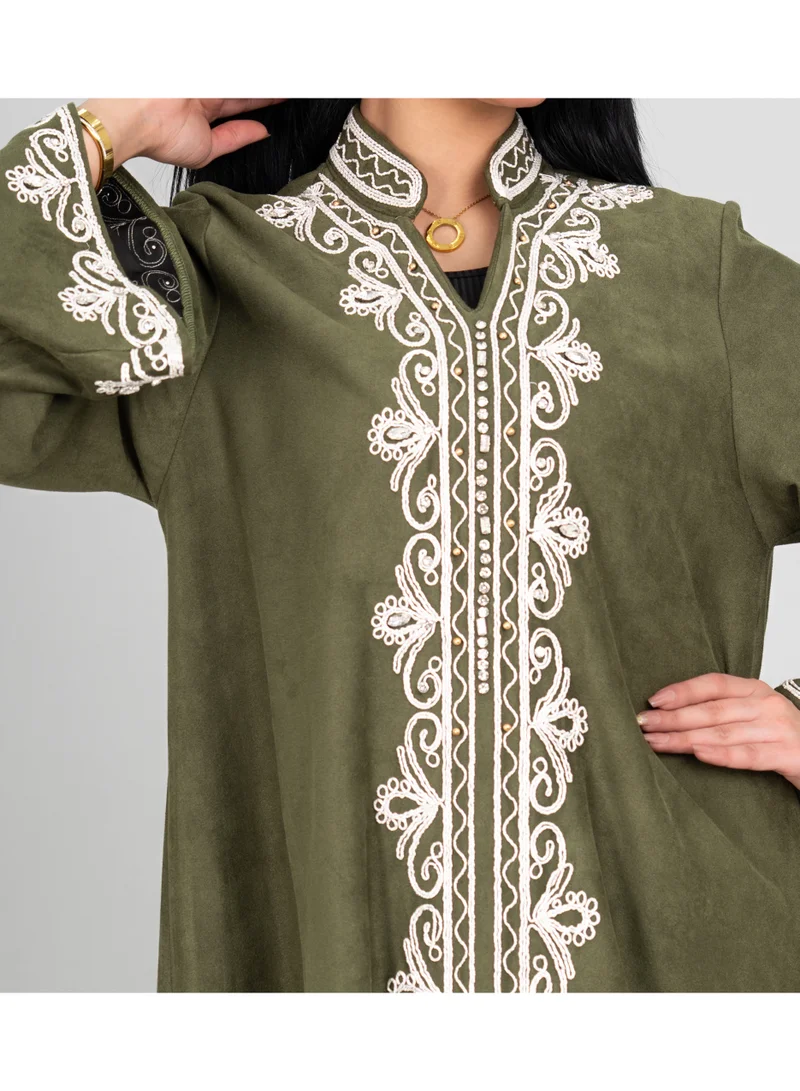 IKKXA Winter Elegant Front Embroidery Details Jalabiya IK1073 Green