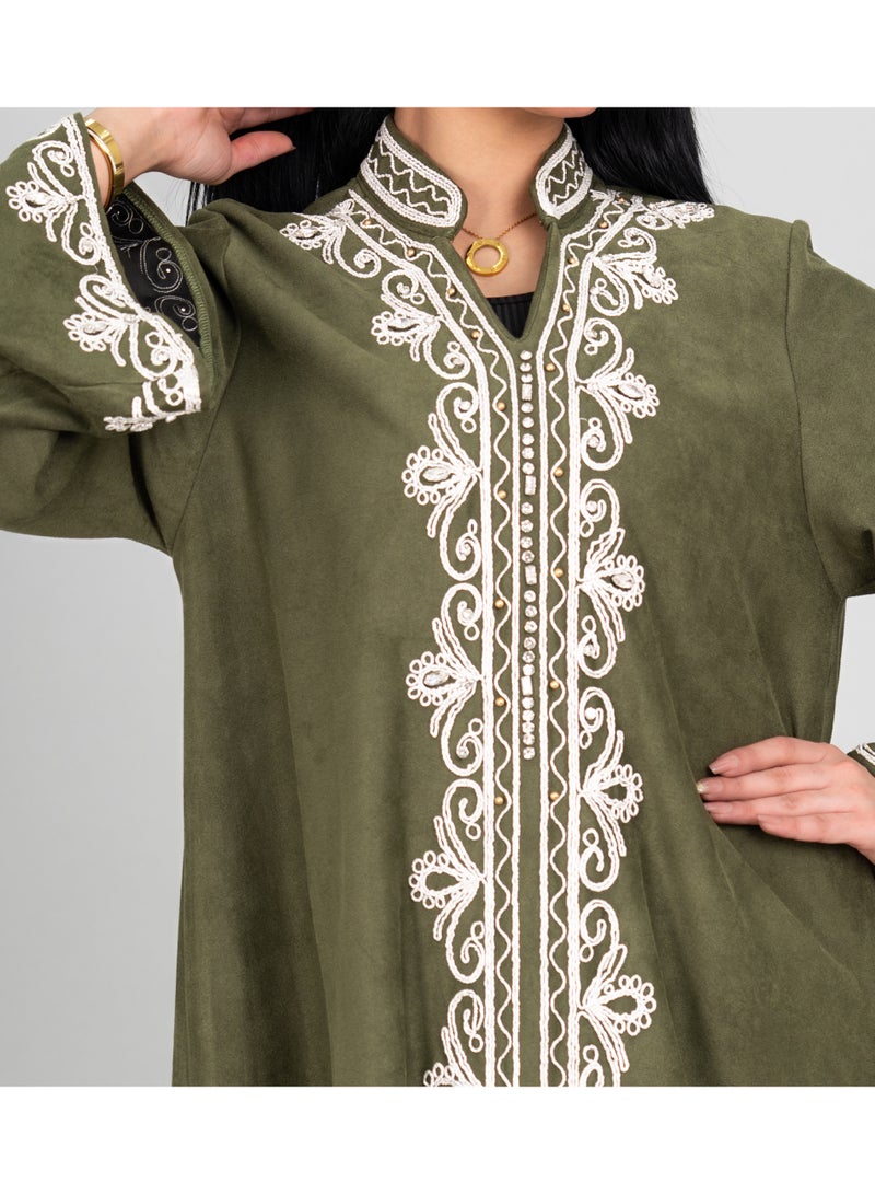 IKKXA Winter Elegant Front Embroidery Details Jalabiya IK1073 Green - Image 2
