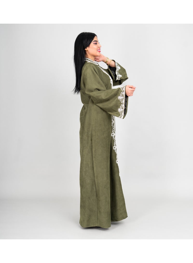 IKKXA Winter Elegant Front Embroidery Details Jalabiya IK1073 Green - Image 3