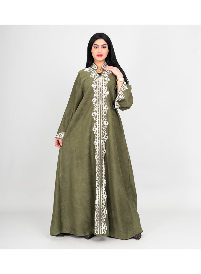 IKKXA Winter Elegant Front Embroidery Details Jalabiya IK1073 Green - Image 1